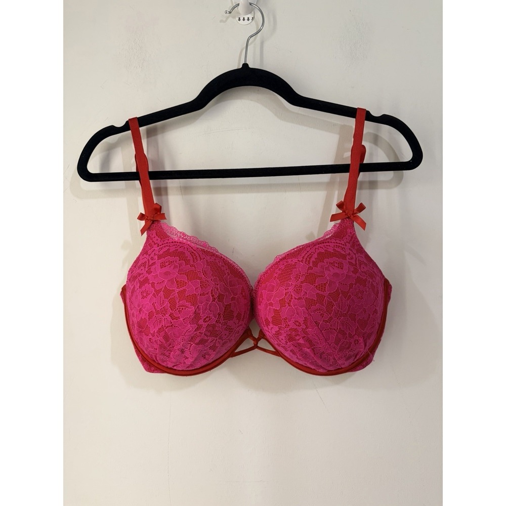 Y2K Victoria's Secret Miraculous Plunge Bra Lace Hot Pink Red 36C Push Up
